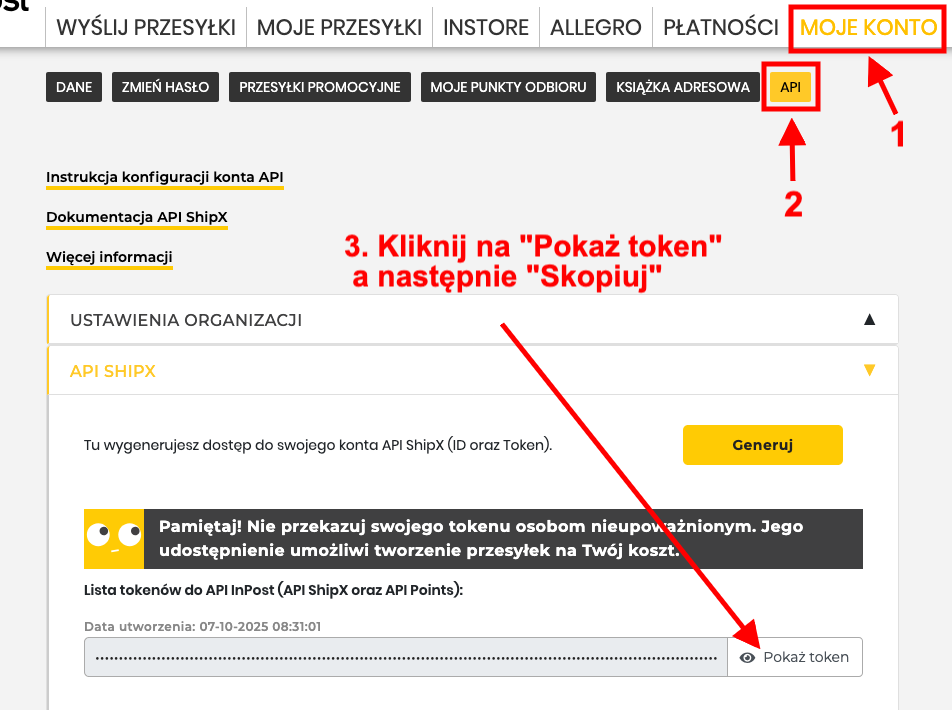 TOKEN API w panelu Managera Paczek InPost