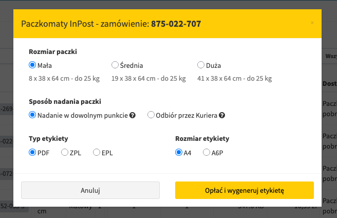 Opłacanie i generowanie etykiety