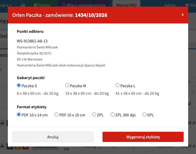 Generowanie etykiety Orlen Paczka