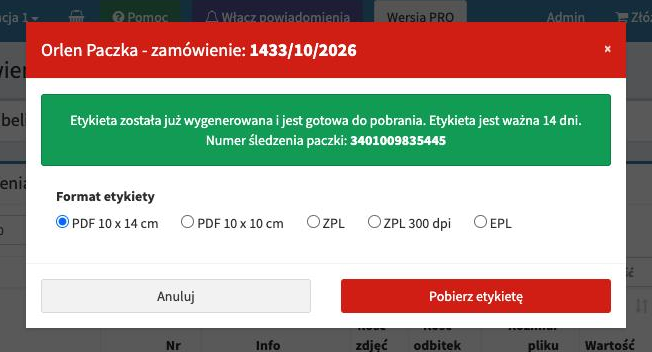 Pobieranie etykiety Orlen Paczka