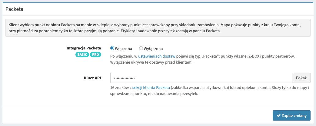 Panel integracji z Packeta
