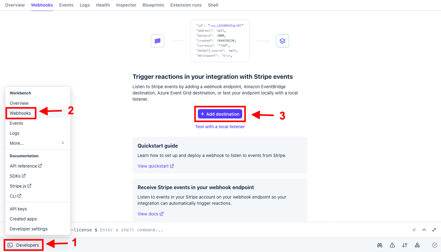 Lista webhooków w panelu Stripe