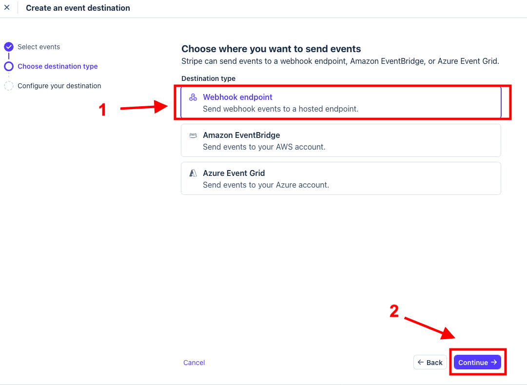 Wybór typu punktu odbioru zdarzeń