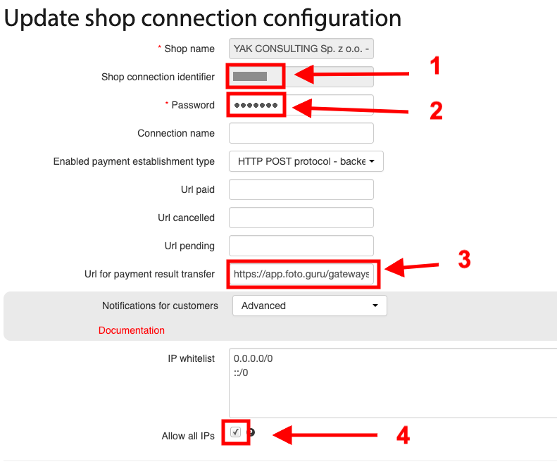 Shop connection edit form in the Comgate portal