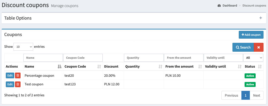 discount codes panel