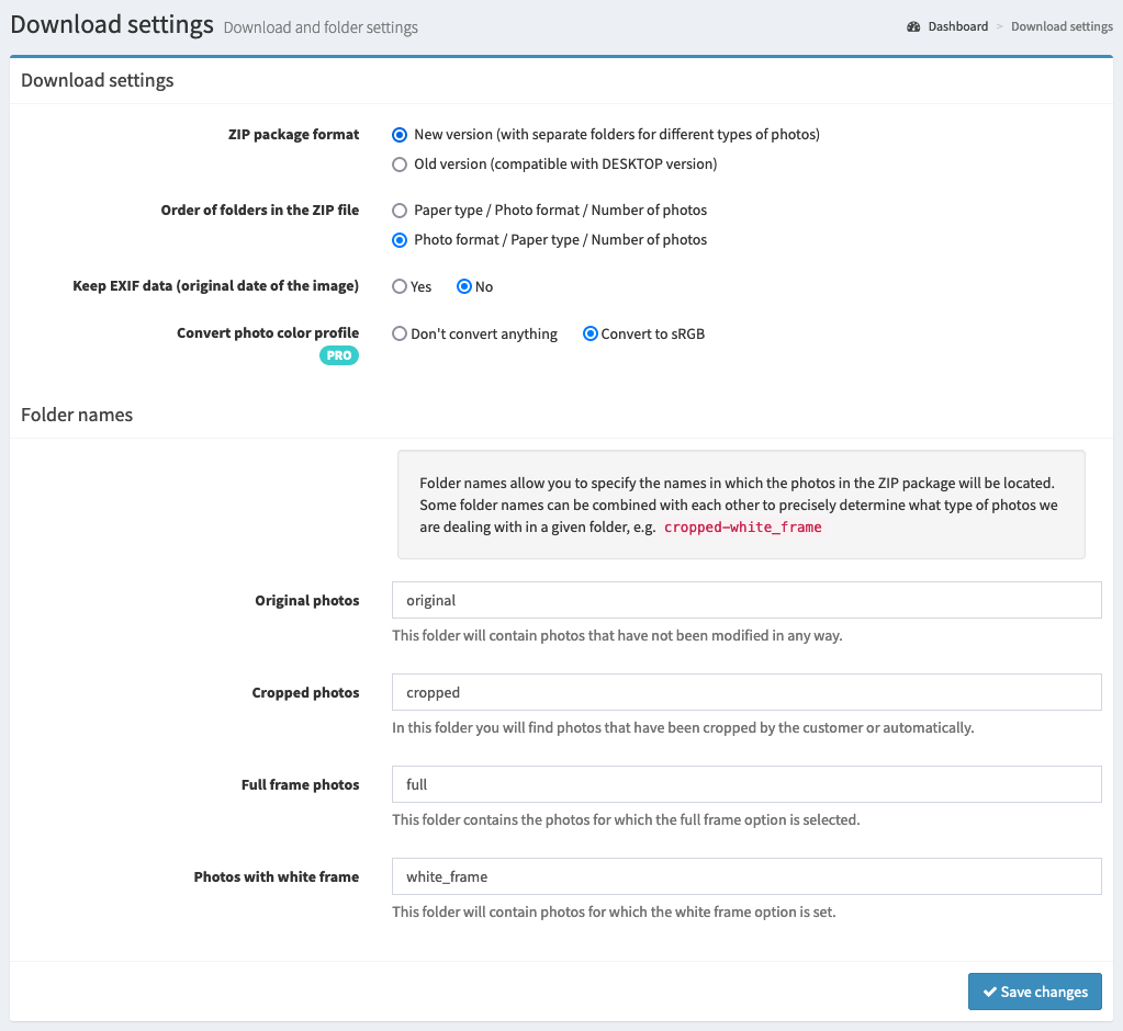 Settings panel