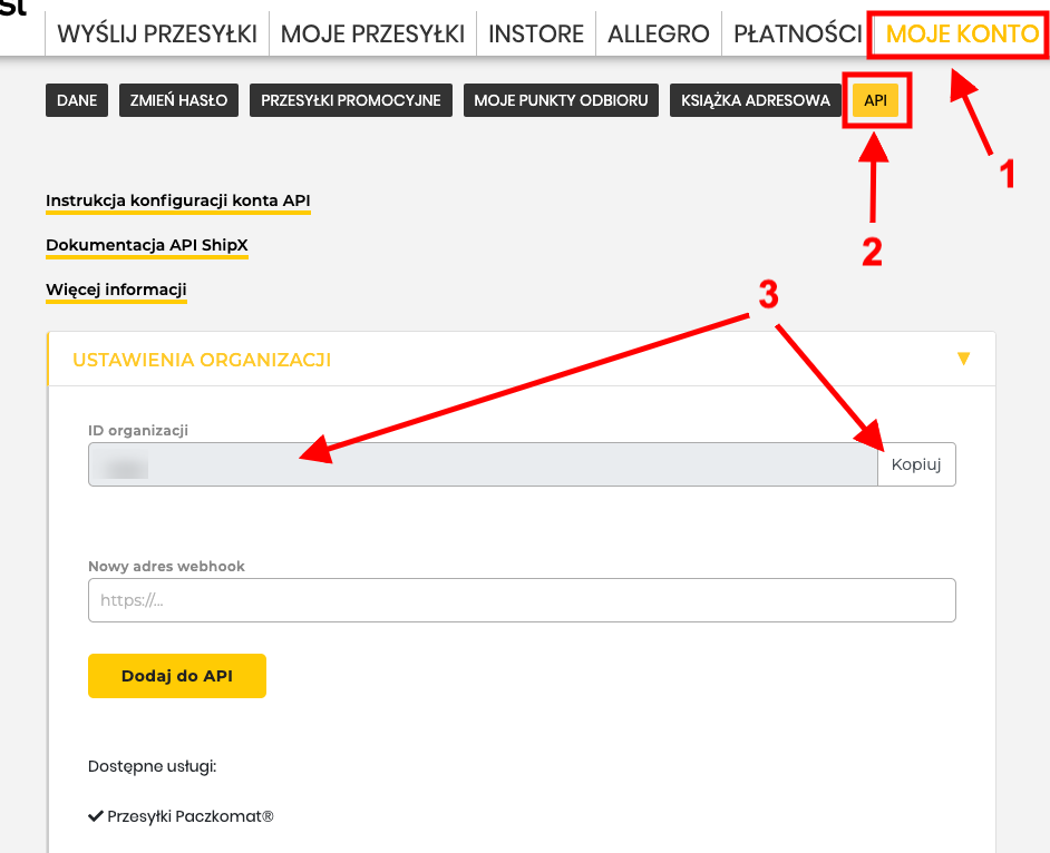 Organisation ID in the InPost Parcel Manager panel