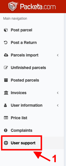 Packeta customer portal menu