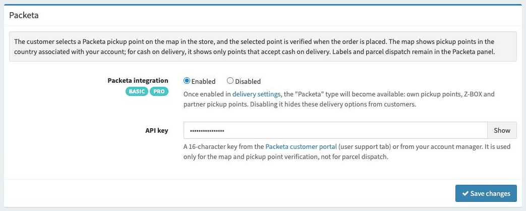 Packeta integration panel