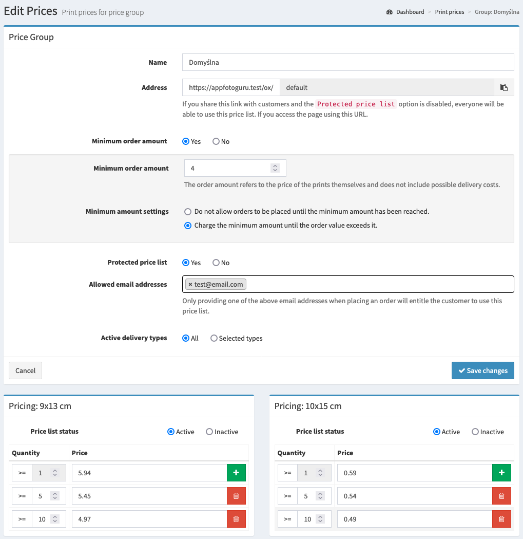 Price group edit panel