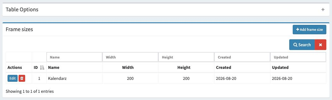 Frame sizes panel