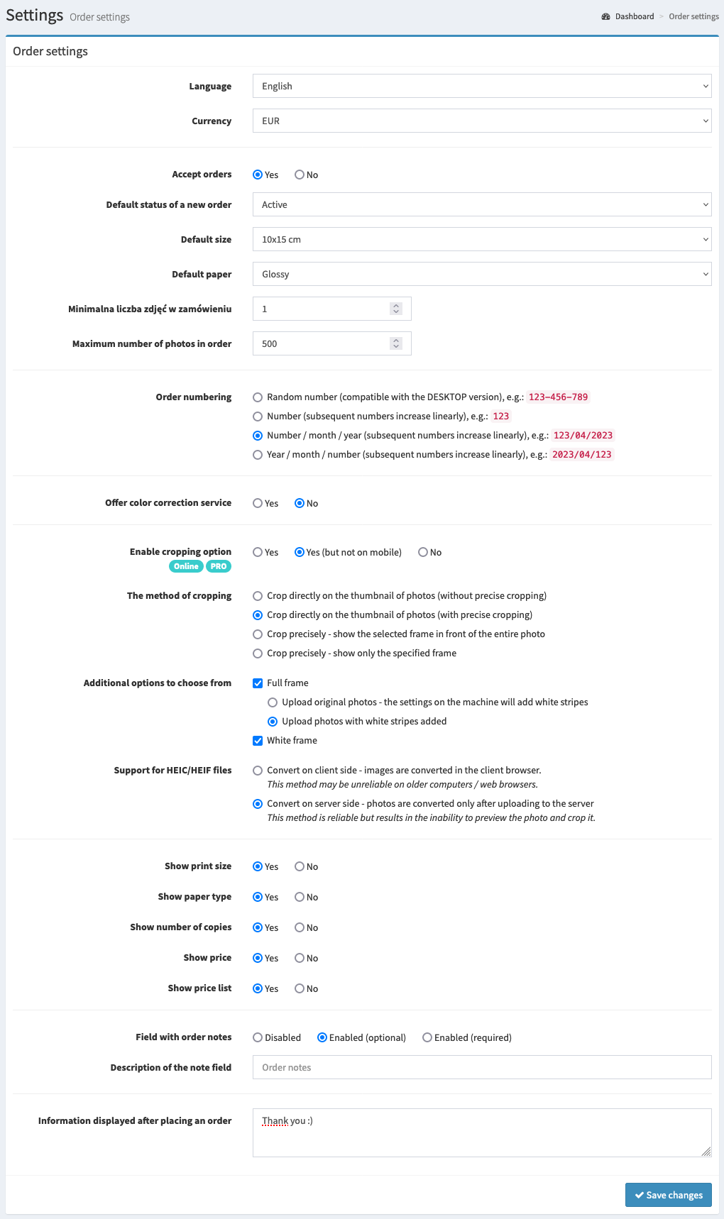 Settings panel