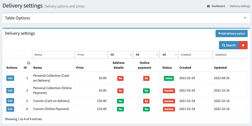 delivery options panel