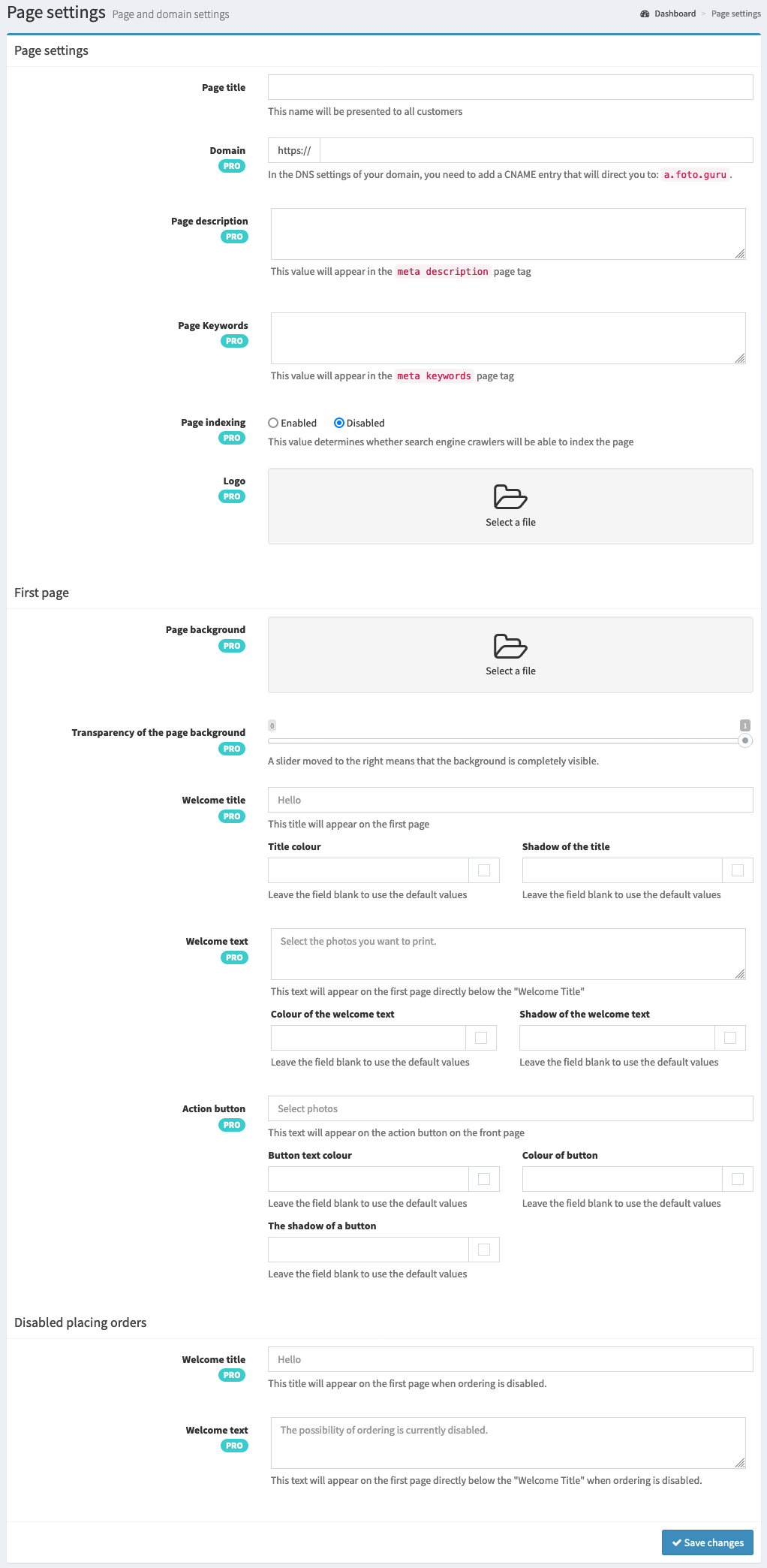 site settings panel