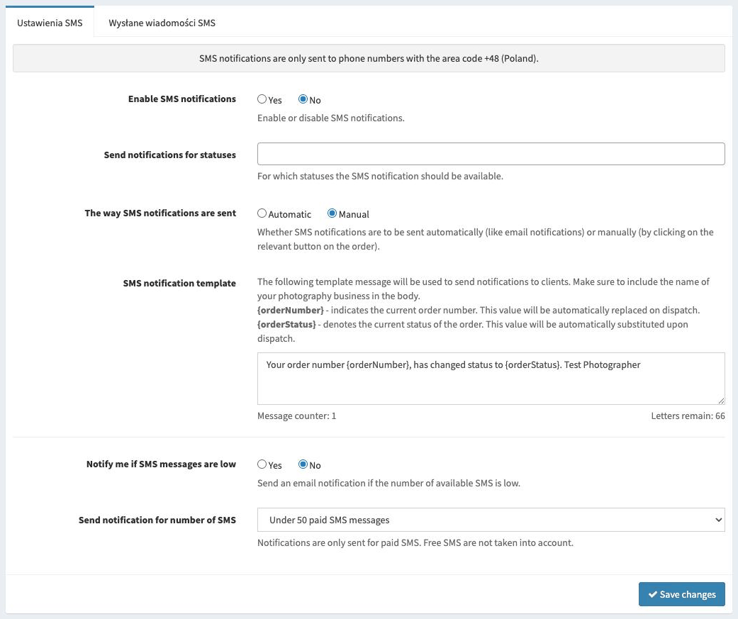 SMS settings panel