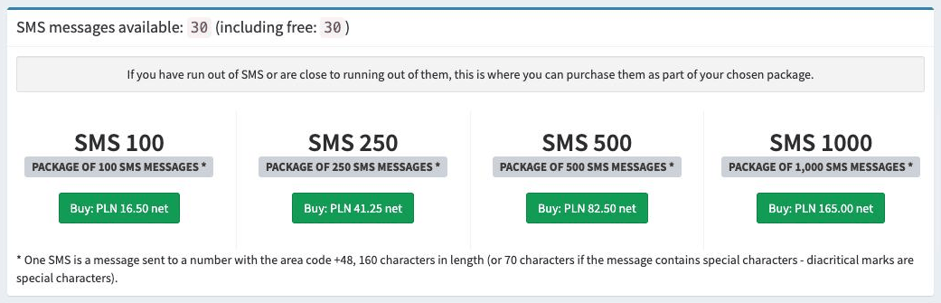 Buying SMS packages